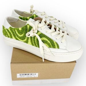 Soludos White Sneakers with Green Chenille Wave Panels